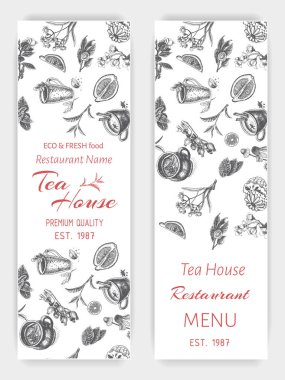 Vektör illüstrasyon kroki kartı - bitkisel çay - kahvaltı afiş