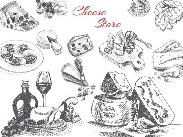 Illustrazione Vettoriale Schizzo Formaggio Provolone Cheddar Edam Parmigiano Cheddar Parmigiano — Vettoriale Stock