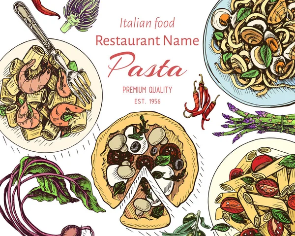 Vector Illustratie Schets Van Italiaanse Pasta Voor Menu — Stockvector