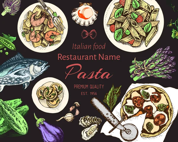 Vector Illustratie Schets Van Italiaanse Pasta Voor Menu — Stockvector