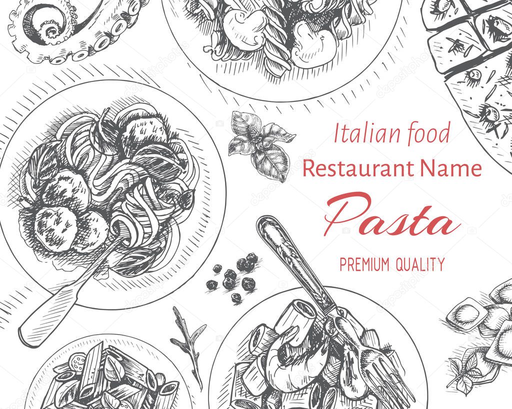 vector illustration sketch of italian pasta for menu