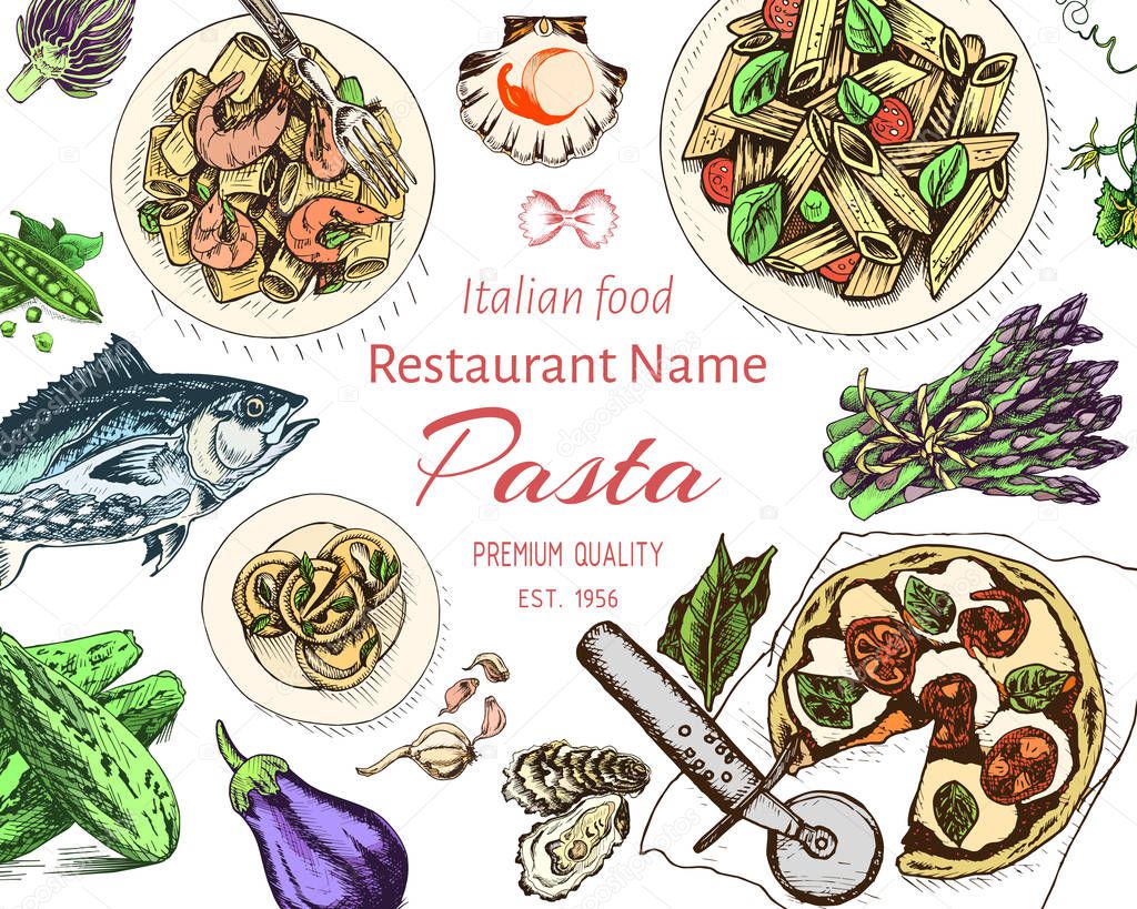vector illustration sketch of italian pasta for menu