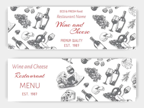 Wein Und Käse Banner Karte Menü Für Restaurant Vorlage Für — Stockvektor