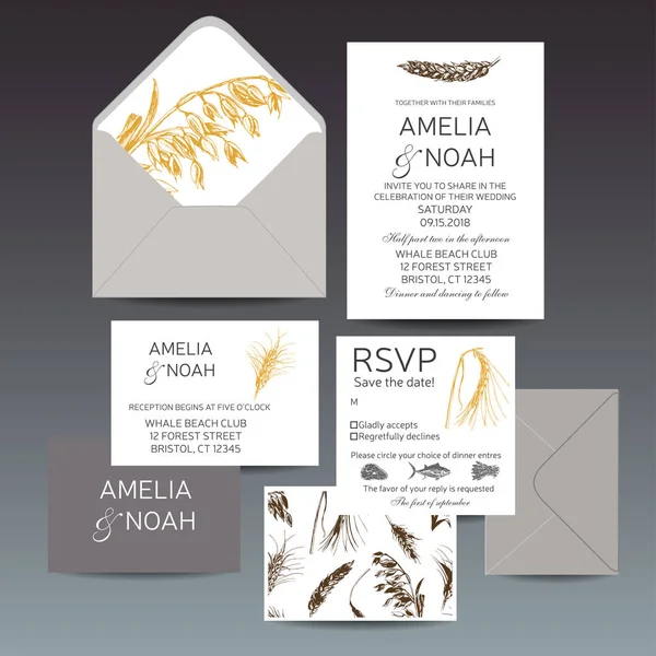 Sablon Esküvői Meghívó Kártya Vektor Illusztráció Tölgylevelekkel Makk — Stock Vector
