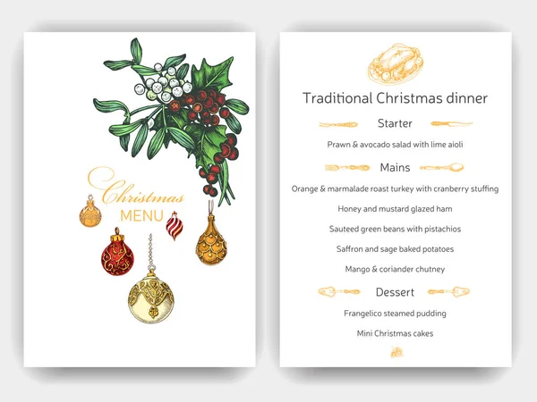 ベクトル イラスト グリーティング カードと休日のデザインをスケッチします ビンテージ クリスマス メニュー クリスマス手は クリスマス デザインの毛皮ツリーの装飾を描画します — ストックベクタ