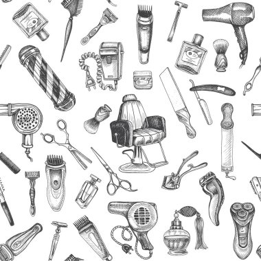 Berber dükkanı için el çizilmiş kroki dikişsiz desen, vektör illüstrasyon