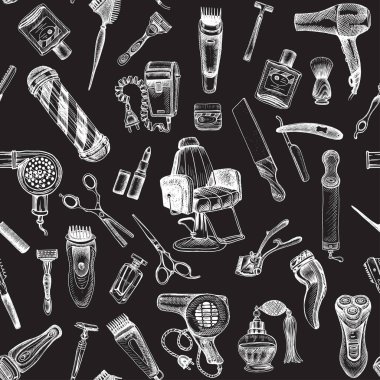 Berber dükkanı için el çizilmiş kroki dikişsiz desen, vektör illüstrasyon