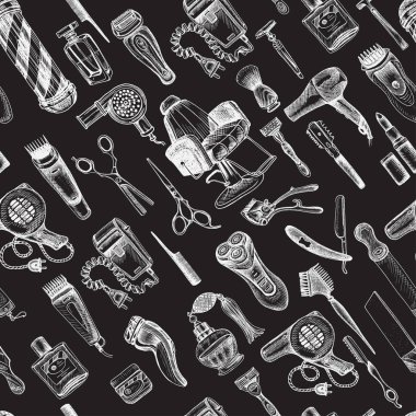 Berber dükkanı için el çizilmiş kroki dikişsiz desen, vektör illüstrasyon