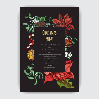 Vektör çizim kroki - tebrik kartları ve tatil tasarım. Vintage Xmas menü. Noel el dekorasyon - kürk ağaç xmas tasarımı için çekilmiş. Toplar, oyuncak, ökse otu ve köknar-koni ile.