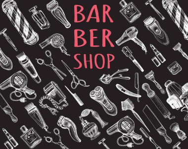 Berber dükkanı için el çizilmiş çizim illüstrasyon. Kimlik Kuaför Salonu, vektör illüstrasyon