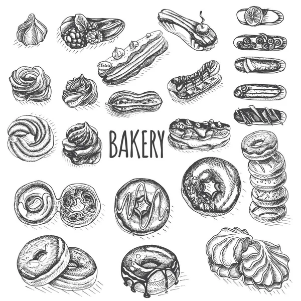 Boceto Ilustración Vectorial Panadería Panadería Francesa Con Pasteles Frescos — Vector de stock