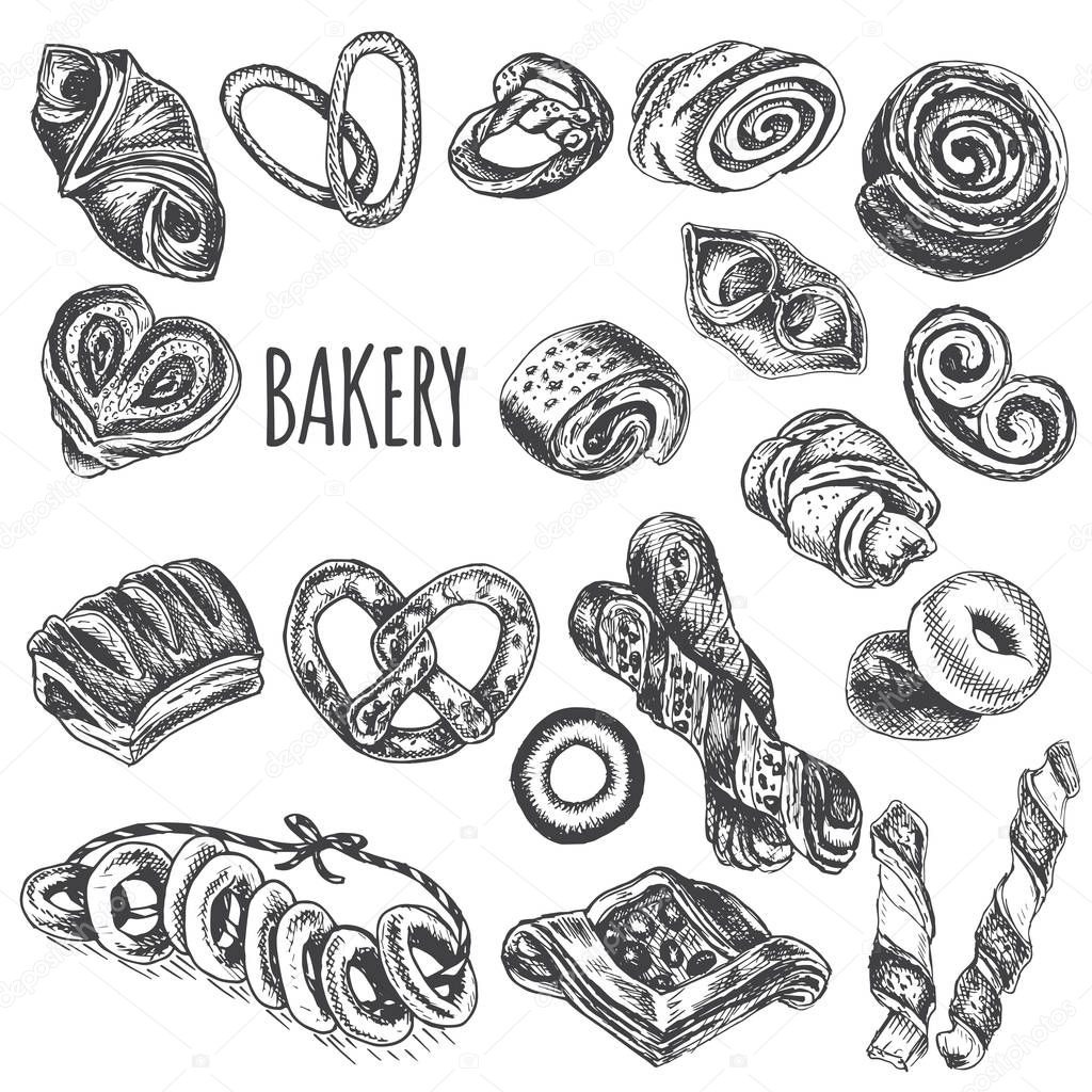Vector illustration sketch - bakery. French bakery with fresh pastries.