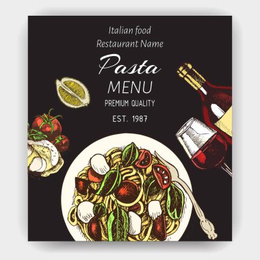 Vektör illüstrasyon kroki - makarna. Kartı menüsü İtalyan restoranı. Afiş italan mutfağı.