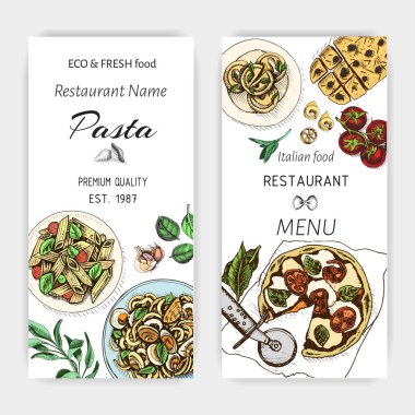 Vektör illüstrasyon kroki - makarna. Kartı menüsü İtalyan restoranı. Afiş italan mutfağı.
