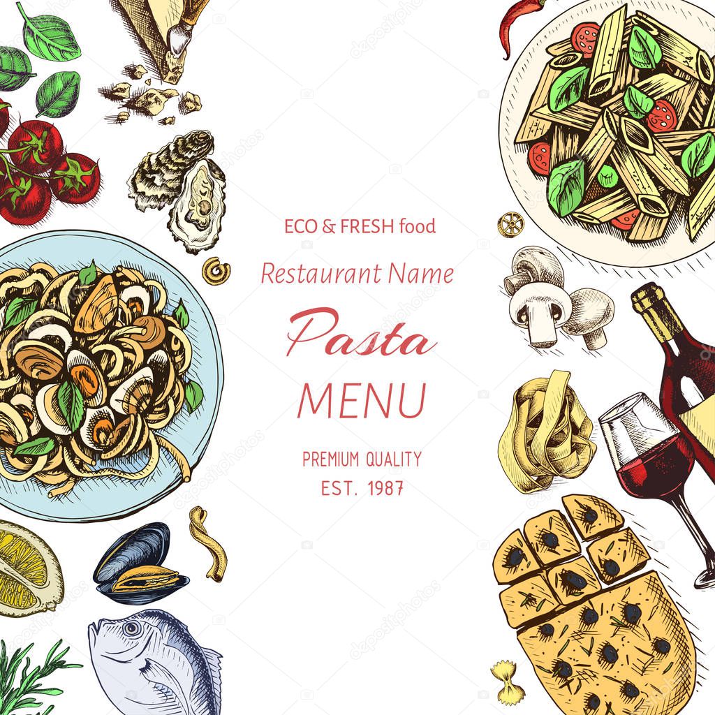 Vector illustration sketch - pasta. Card menu italian resraurant banner.