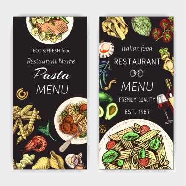 Vektör illüstrasyon kroki - makarna. Kartı menüsü İtalyan restoranı. Afiş italan mutfağı.