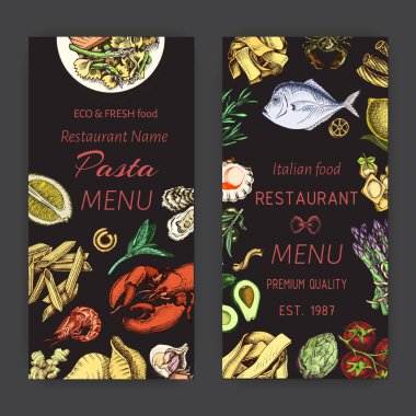 Vektör illüstrasyon kroki - makarna. Kartı menüsü İtalyan restoranı. Afiş italan mutfağı.