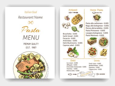Vektör illüstrasyon kroki - makarna. Kartı menüsü İtalyan restoranı. Afiş italan mutfağı.