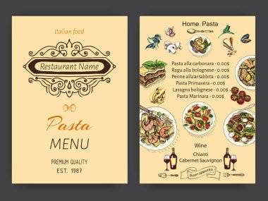 Vektör illüstrasyon kroki - makarna. Kartı menüsü İtalyan restoranı. Afiş italan mutfağı.