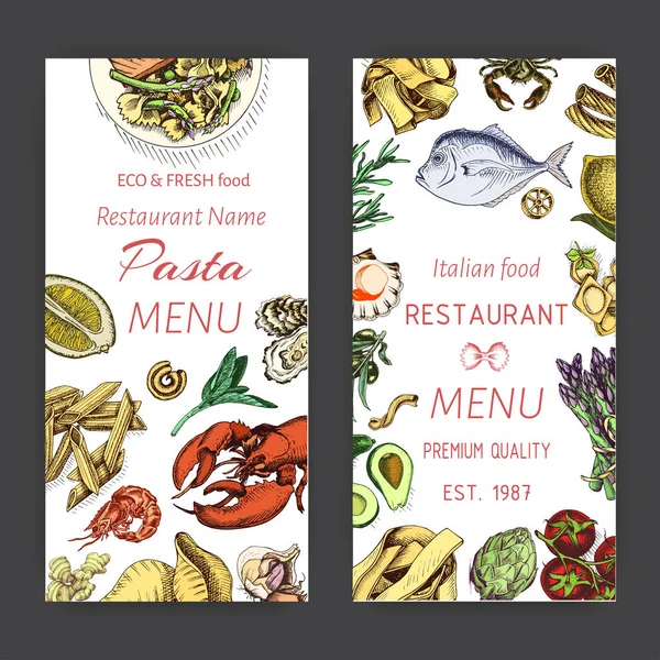Vektor Illustration Skiss Pasta Kort Meny Italiensk Restaurang Banner Italan — Stock vektor
