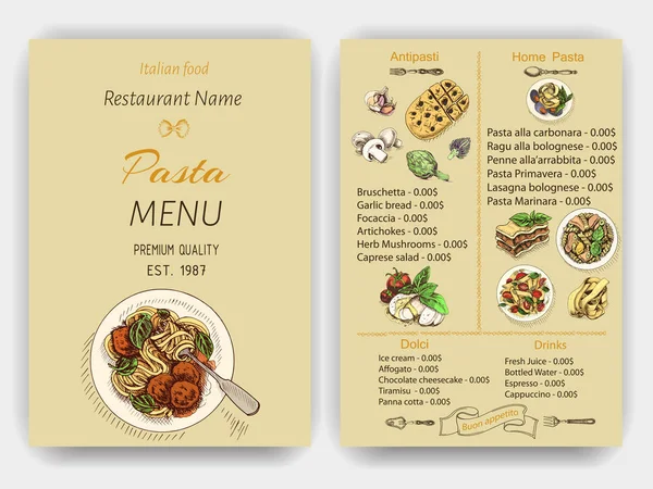 Vektor Illustration Skizze Pasta Karte Menü Italienisches Restaurant Banner Italienische — Stockvektor