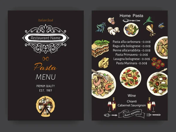 Boceto Ilustración Vectorial Pasta Carta Menú Restaurante Italiano Banner Cocina — Vector de stock