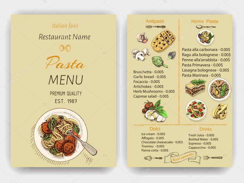 Vector illustration sketch - pasta. Card menu italian restaurant. Banner italan cuisine.