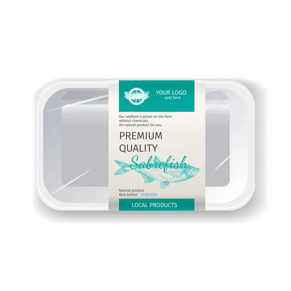 Packaging for seafood. Label for boxing natural products. Vector illustration sketch - fish pattern