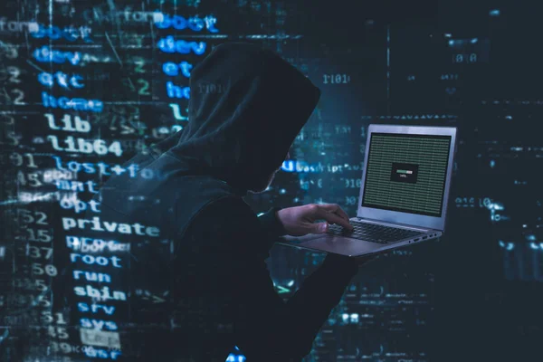 Anônimo Hacker Capuz Preto Com Laptop Frente Fundo Código Com — Fotografia de Stock