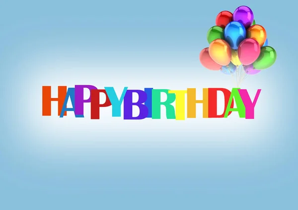 Happy birthday letters in color on blue and faded white background with balloons