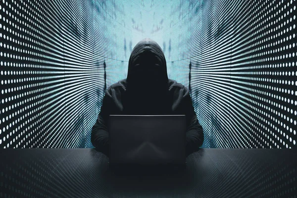 Hacker Anónimo Frente Ordenador Con Fondo Pared Luz Azul —  Fotos de Stock