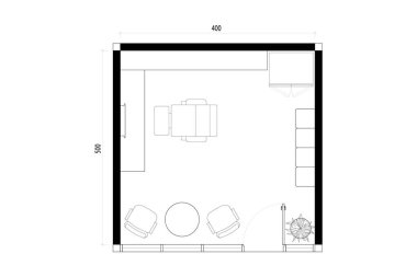 Mobilya döşemeli kompakt berber odası planı. 1