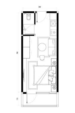 Studio Apartment Floor Plan with Kitchenette. 2