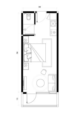 Studio Apartment Floor Plan with Kitchenette. 3