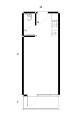 Studio Apartment Floor Plan with Kitchenette. 1