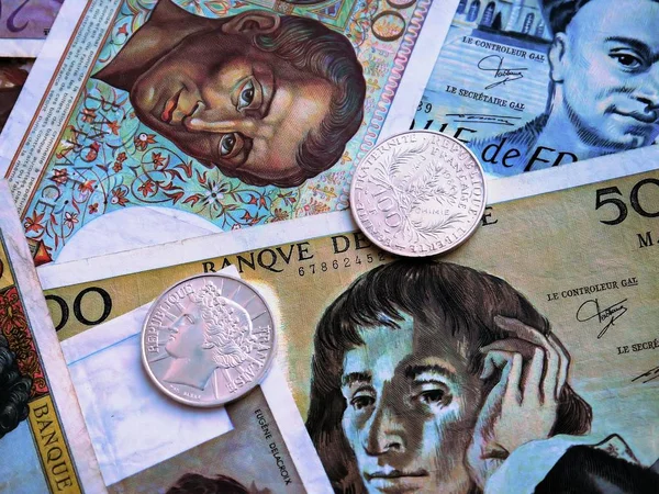 Foto Monedas Billetes Franceses Estaban Circulación Francia Los Años Del — Foto de Stock