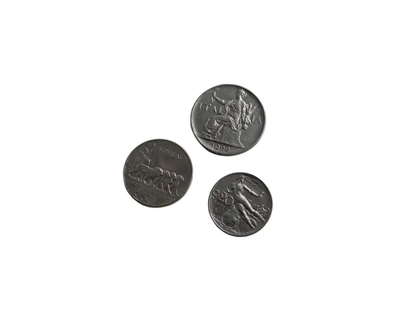 Три Італійські Старовинні Монети 1920 Років Ізольовані Білому Фоні — стокове фото