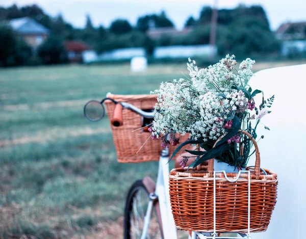 vintage bike with wicker basket with summer wildflowers against rural view,mown field