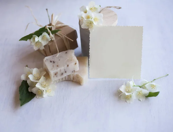 lavender and jasmine soap,gift box ,clear blank.view from above.white background.for invitation,card or recipe