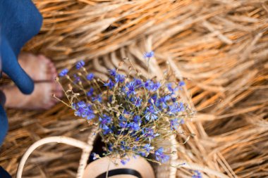 Çavdar tarlasında hasır sepetinde bir buket çiçek ve çıplak ayaklı bir kadın.