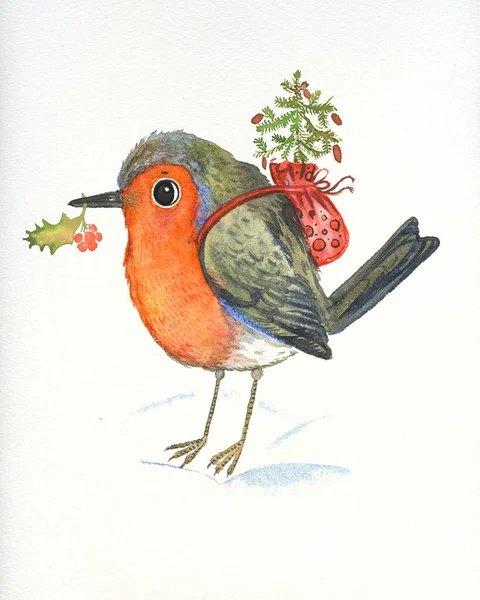 Ilustración Acuarela Dibujada Mano Pájaro Robin Lleva Árbol Navidad Una —  Fotos de Stock