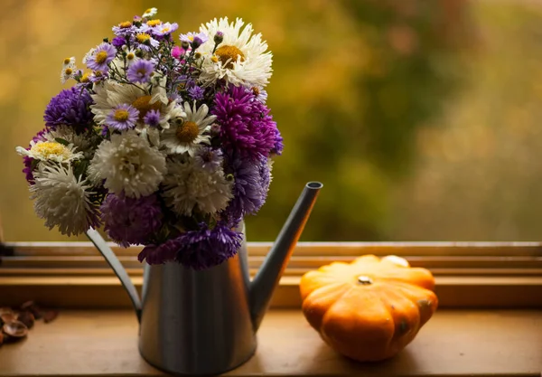 Schöner Strauß Astern Auf Der Fensterbank Vor Herbstlich Farbenfroher Aussicht — Stockfoto