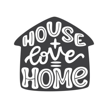 House artı aşk ev. Elle çizilmiş aile kara tahta zemin üzerine alıntı yazı. Ev dekorasyonu, posterler, yastıklar, ev, vb düğün için romantik vektör tipografi.