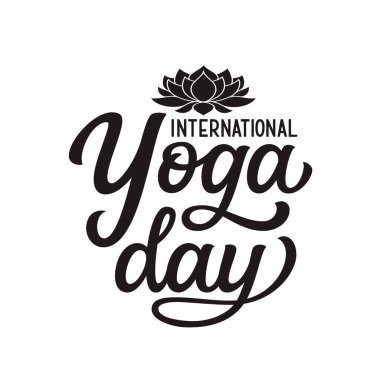 International Yoga day. Hand drawn text with lotus flower shape isolated on white background. Vector typography for yoga studio decorations, clothes, t shirts, posters, cards, stickers clipart