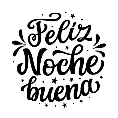 İspanyolca Noel arifen kutlu olsun. Beyaz arka planda izole edilmiş yuvarlak şekilli el yazısı. Posterler, kartlar, tatil dekorları, süsler için vektör tipografisi