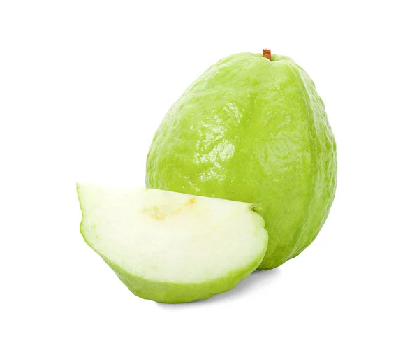 Verse Guava Fruit Met Plak Geïsoleerd Witte Achtergrond — Stockfoto