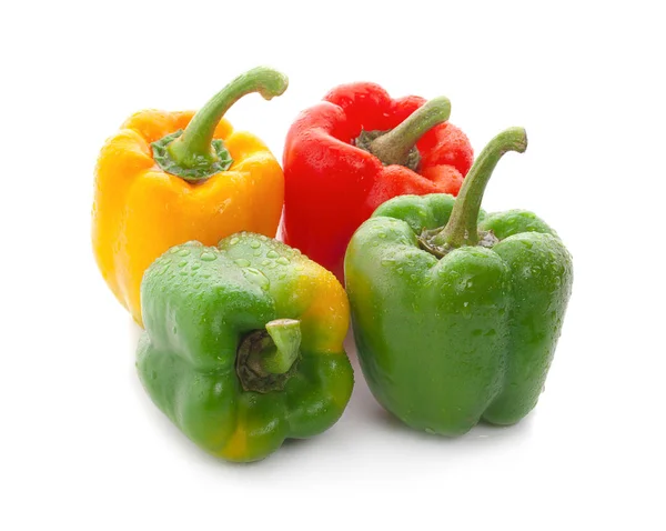 Свіжі Овочі Three Sweet Red Yellow Green Peppers Ізольовані Білому — стокове фото