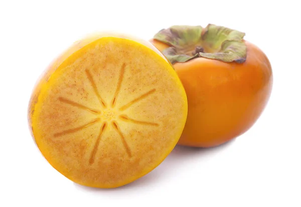 Persimmon Aus Tropischen Früchten Kaki Mit Blättern Auf Weißem Hintergrund — Stockfoto