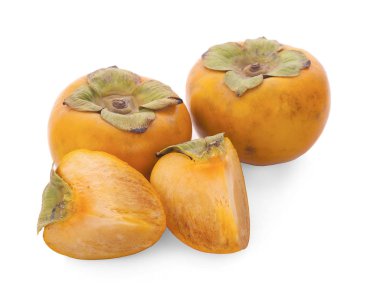 Tropikal meyve Trabzon hurması. Kaki beyaz arka plan üzerinde yaprakları ile.