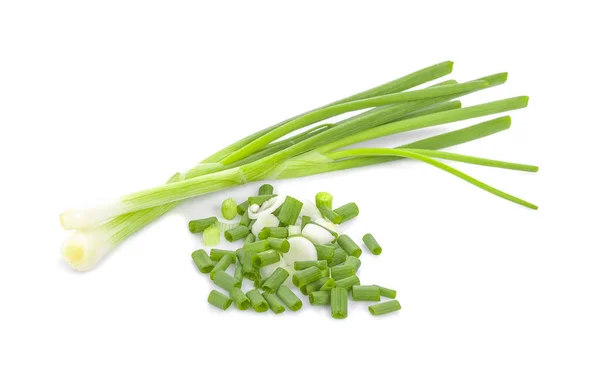 Beyaz arkaplanda yeşil soğan izole edildi